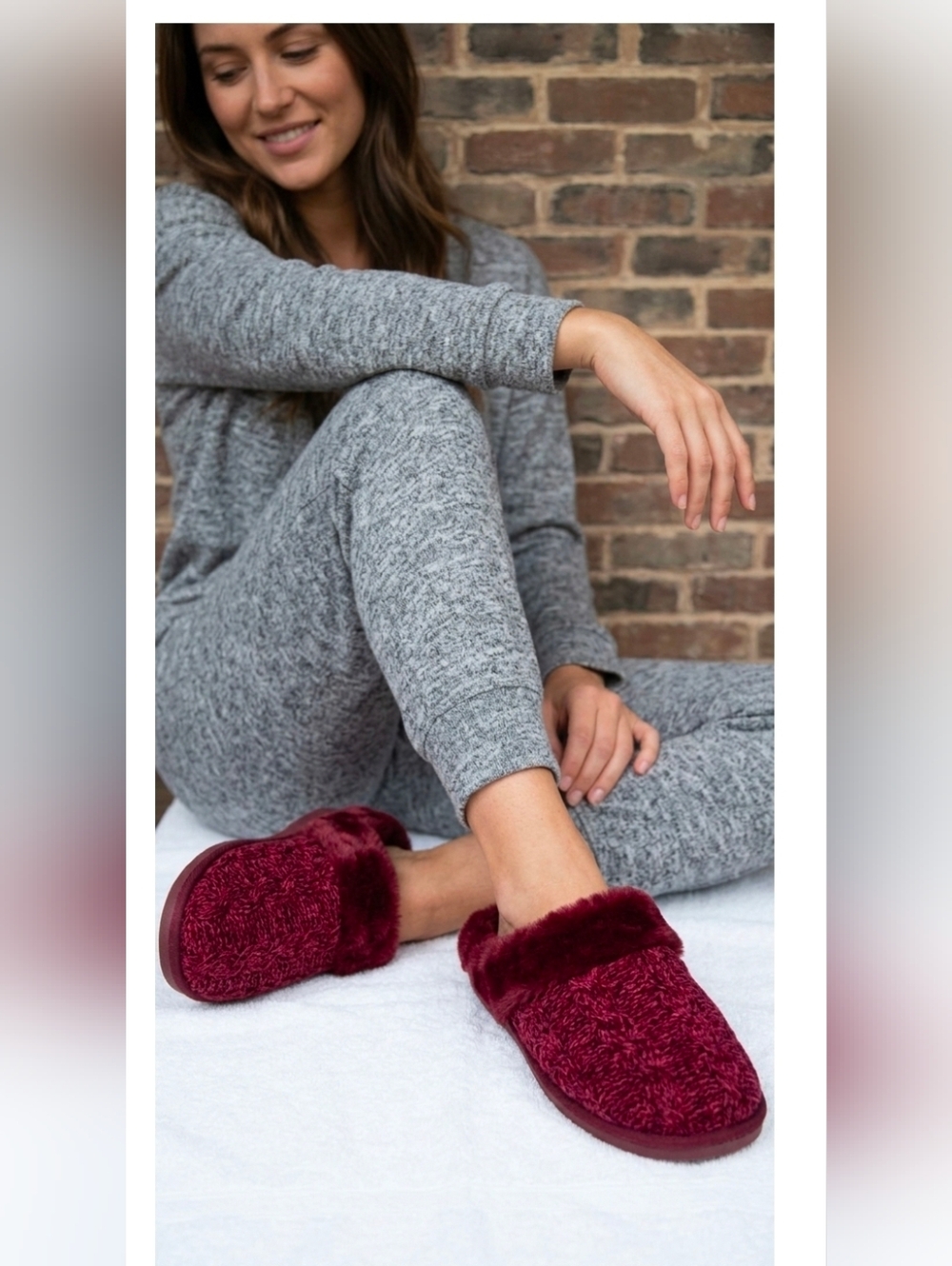 Ellen Tracy Burgundy Cable Knit Faux-Fur Cuffed Slip-Ons
